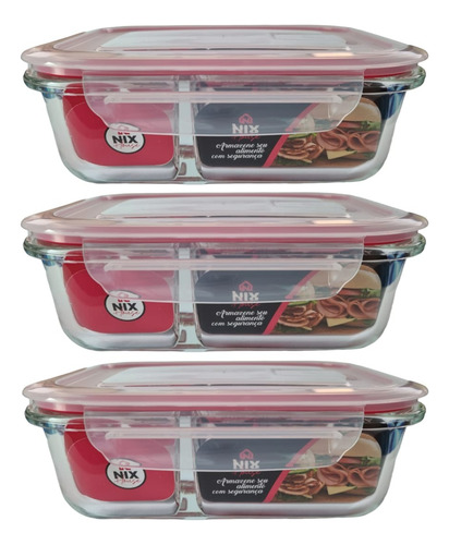 Conjunto Com 3 Potes 640ml Divisória Hermético Marmita