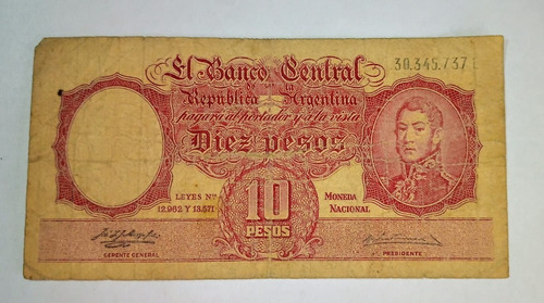 Billete De 10 Pesos M.nacional Argentina 1958 Serie E-fine