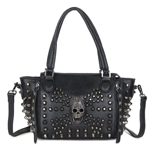 Amviks Bolso De Mano Con Calavera For Mujer Con Remaches Tachonados Hobo Tote Satchels Bolso Bandolera Gótico Negro