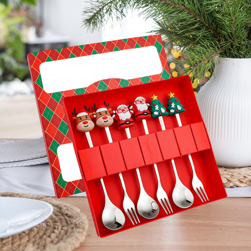Juego De 6 Cucharas Y Tenedores Navideños Con Caja Rojo 6b