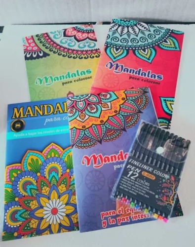 Pack 4 Libros Mandala (colorear) + Set 24 Colores Fineliner