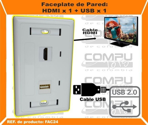 Imagen 2 de 6 de Toma De Pared Hd X1 + Usb X1 Ref: Fac24 Computoys Sas