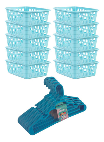 Kit 10 Cestos Organizador Azul + 20 Cabides Infantil Azul