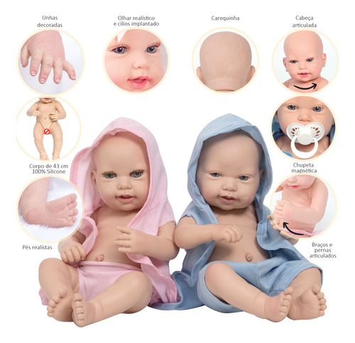 Boneca Reborn Gemeos Casal Com Bolsa Enxoval Corpo De Vinil