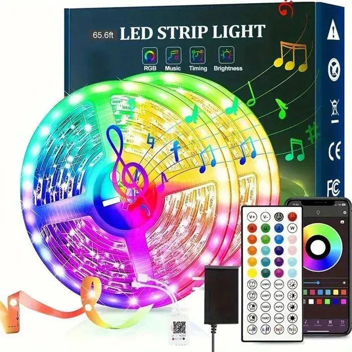 Fita Led 20 Metros Rgb Colorida Com Controle E Fonte Bluetooth App Controle Com Mudança De Cor Sincronizada Com Música Segmentos De Cor Diy Para Decoração De Quartos Cozinhas E Festas
