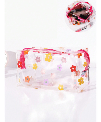 1 Neceser Transparente Con Flores Rosas Y Neceser