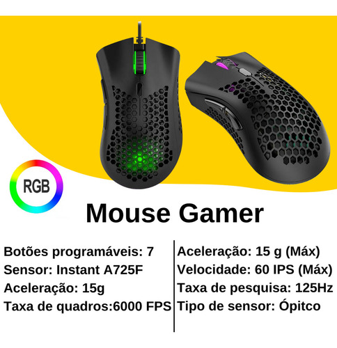 Mouse Gamer Colmeia Ultraleve Macro Iluminação Led Rgb 7200 Dpi Ajustavél 60 Ips 7 Botões Programaveis Para Computador Notebook Digital Iformática