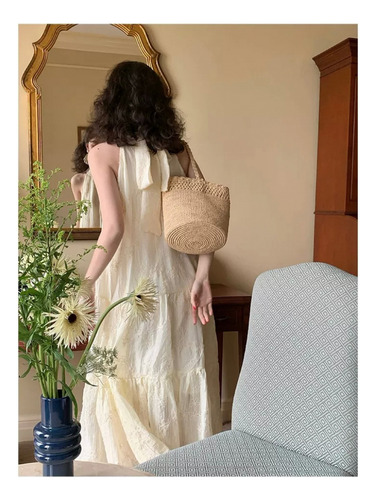 Vestido De Encaje Con Cuello Halter Sin Mangas En Color Liso
