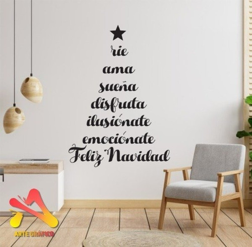 Vinilo Navidad Árbol Ríe Ama 60x50 Para Pared, Vidriera