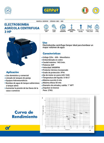 Electrobomba Centrifuga 3hp 3x3 220v 3450rpm Genpar