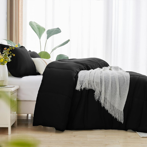 Juego De Edredón Matrimonial Negro Cama 3 Piezas Suaves