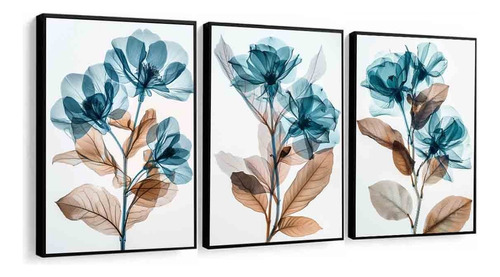 Kit 3 Quadros Decorativos Flor Azul Sala Moderna Com Moldura