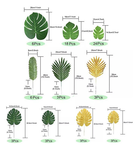 Hojas De Palma Decorativas Doradas, 72 Unidades, 10 Tipos .