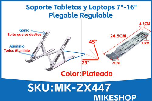 Soporte Plegable Aluminio Portátil Apoya Laptop Tablet 8-17 Plateado