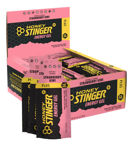 Honey Stinger Energy Gel Plus, Con Cafeína 32mg 24pz/31g Sabor Fresa Kiwi