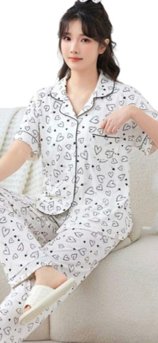 Pijama Seda Mujer Botones Pantalon Fresca Corazones Moda
