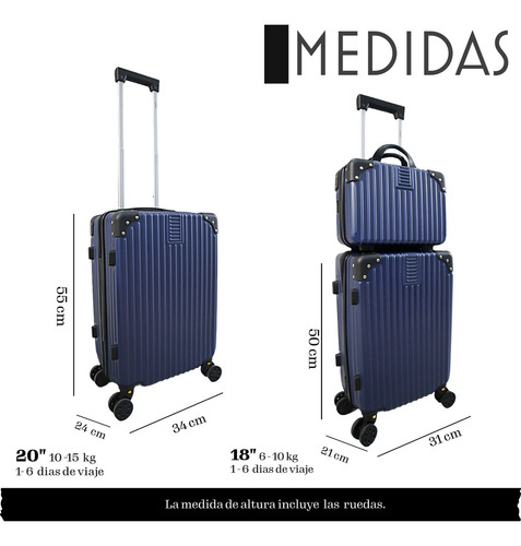 Kit 3 Maletas Para Viaje Con Ruedas Carry On 20 18 Y 14 Pul Azul Marino 5863-6