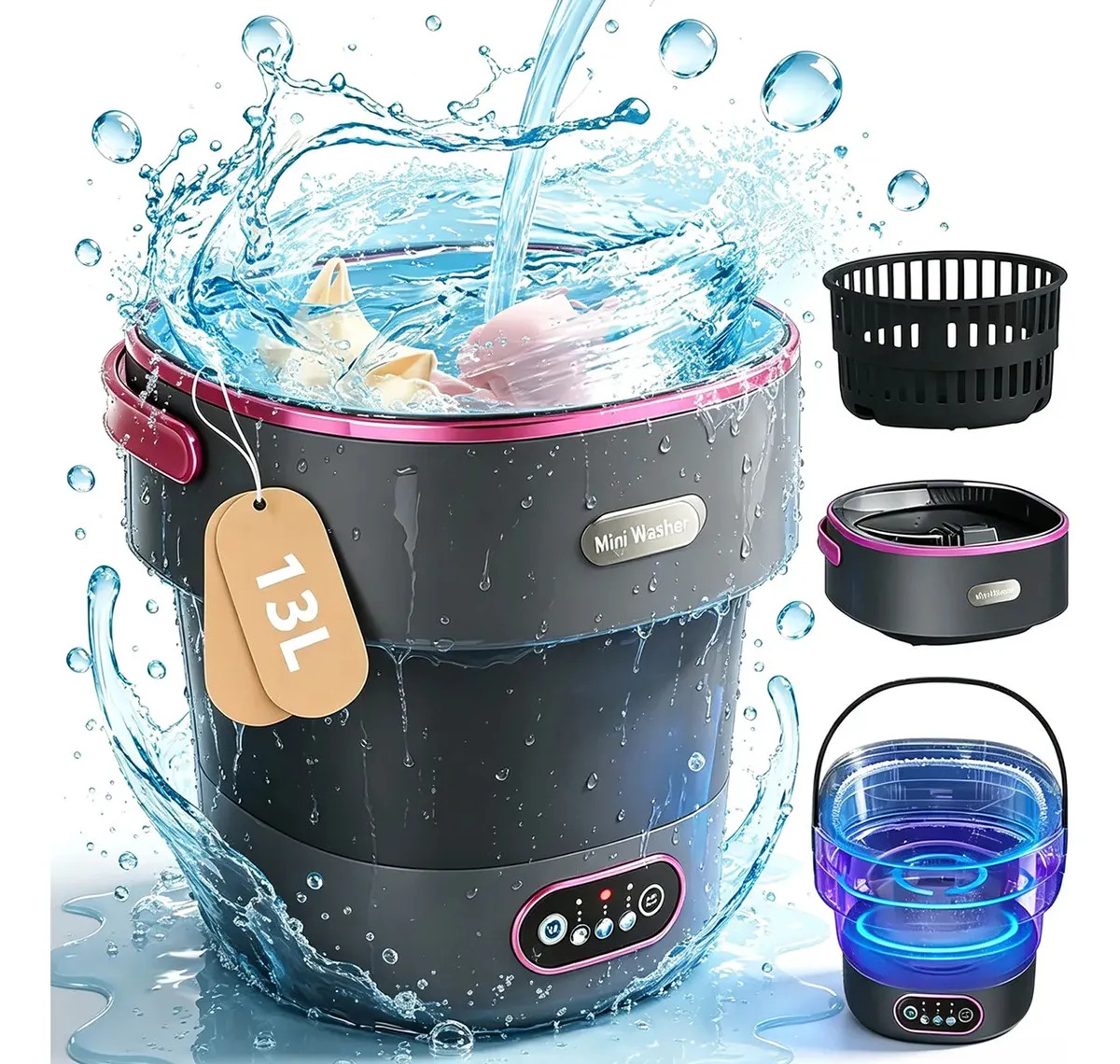 Mini lavadora plegable portátil de 13 litros, azul claro, antibacteriana