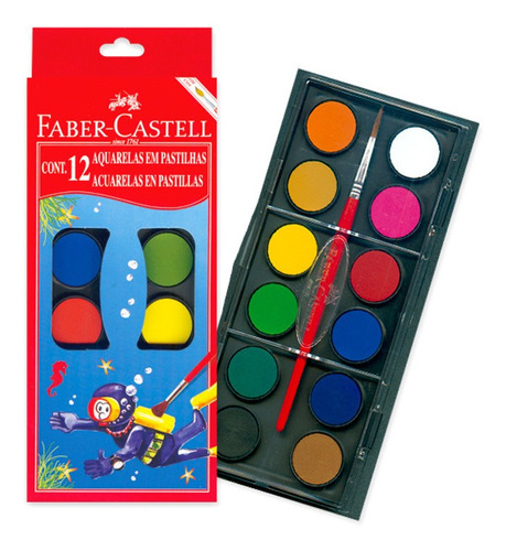 Acuarela Faber Castell X12 Colores + Pincel D Goma + Estuche