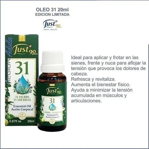 ÓLEO 31 Swiss Just . Compuesto por una combinacion de 31 aceites esenciales 100% puros. Refresca y revitaliza, alivia el dolor de cabeza y minimiza la tensión acumulada en músculos y articulaciones.