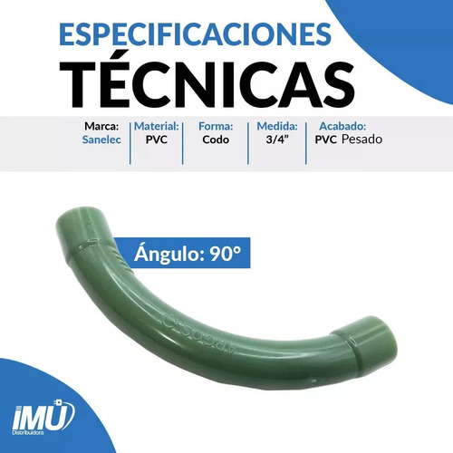 Codo Pvc Pesado 2 Vias 90° 3/4 Pulgada 19mm Verde 3521