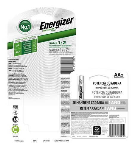 Imagen 7 de 7 de Cargador De Pilas Energizer Mini + 2 Pilas Recargables Aa