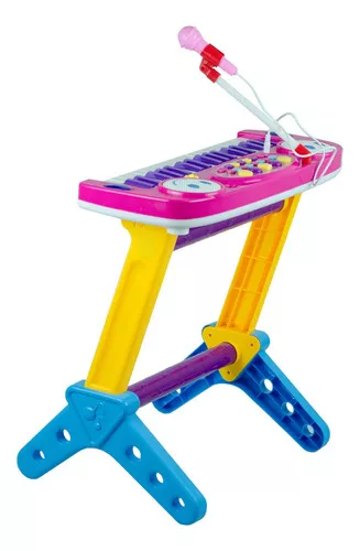 Piano Teclado Infantil C/ Microfone E Banquinho Rosa Inmetro Cor