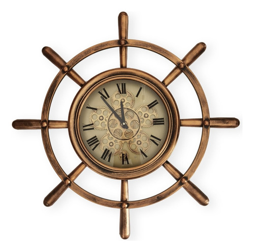 Reloj Decorativo De Pared En Forma Rueda De Timón Metálica Color de la estructura Dorado oscuro Color del fondo Dorado