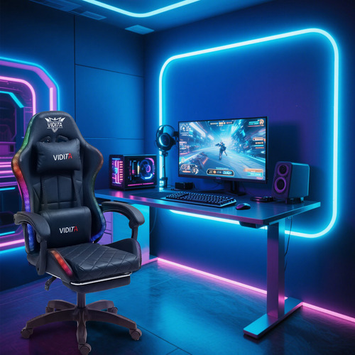 Silla Gamer Rgb Knight800 Reclinable Con Masajeasdor Reposapiés Vidita Silla Gaming PC Videojuego Cuero Sintético Color Negro