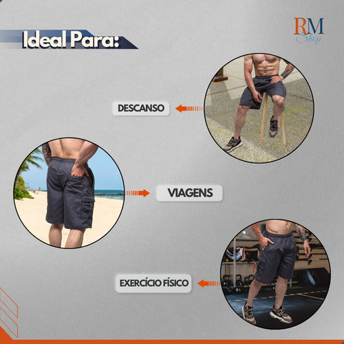 Kit 3 Bermuda Masculina Cargo Tactel 5 Bolsos Com Elástico