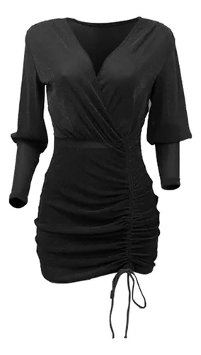 Vestido Feminino De Manga Cheia, Renda Profunda, Decote Em V