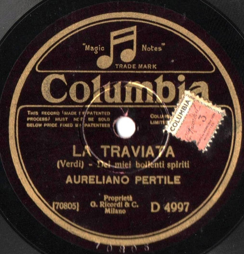 Disco Pasta 78 Rpm Mús. Lírica Aureliano Pertile La Traviata