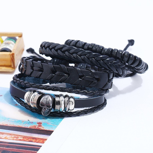 Sets De Pulseras Hombre Yin Yang Ancla Calavera De Cuero