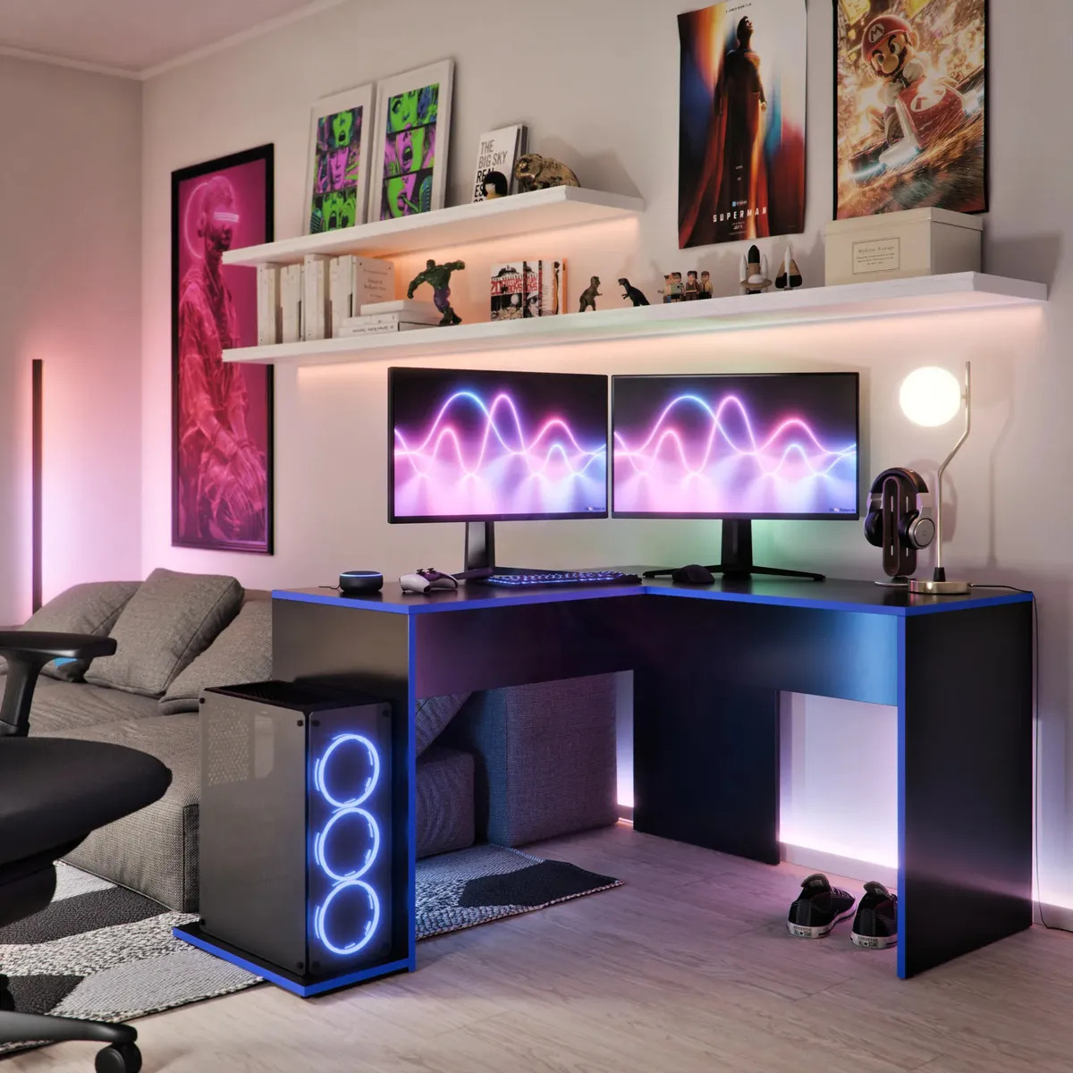 Mesa Escrivaninha L Gamer Para Escritório Cor Preto/azul M Casa Moveis