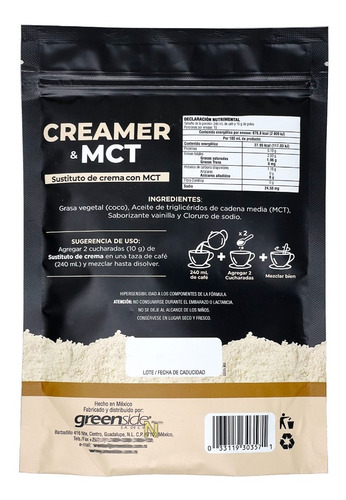 Imagen 2 de 5 de Creamer & Mct (sustituto De Crema Con Mct) 150 G Greenside