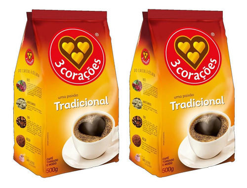 Kit 2 Café Torrado E Moído Tradicional 3 Corações 500g