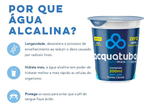 Água Alcalina Acquatuba Cx Copo 200ml C/ 48und S/gás Ph 9,78