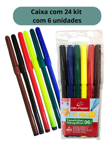 Kit 6 Canetinhas Caneta Hidrográficas 6 Cores 24 Unidades