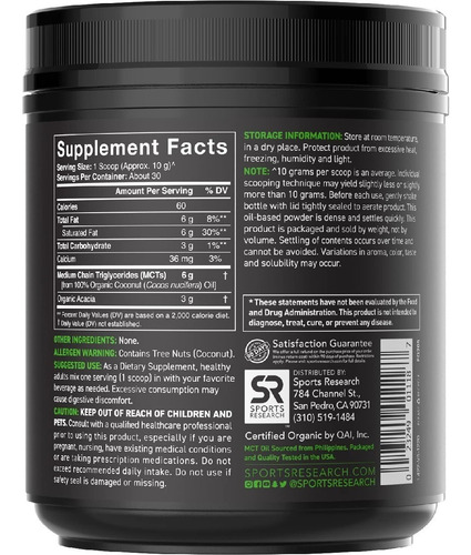 Imagen 2 de 4 de Aceite Mct En Polvo Sports Research (300 G)