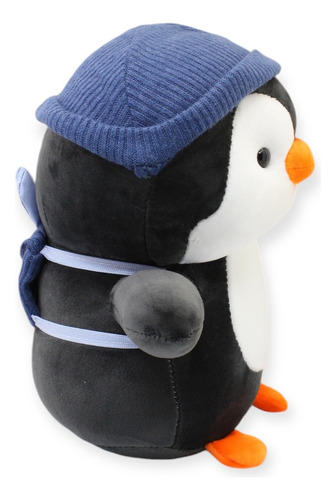 Pinguino De Peluche Con Gorro Y Mochila Azul Juguete 27cm Color Azul Marino