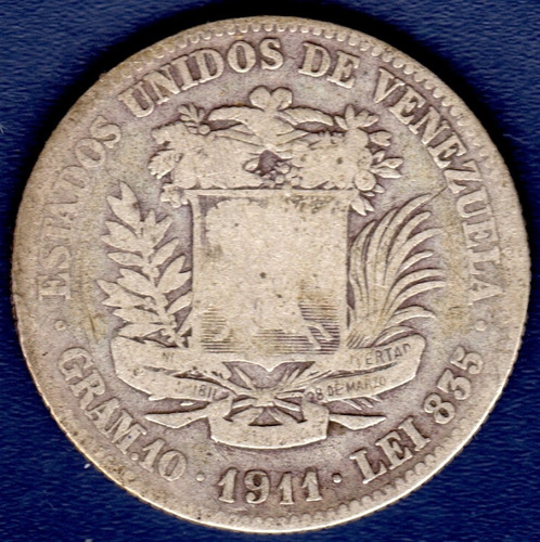 Moneda De Plata De 2 Bolívares Del Año 1911