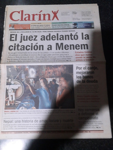 Tapa Diario Clarín 05 6 2001 Citación Carlos Menem 