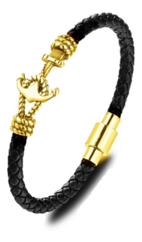 Imagem 2 de 3 de Pulseira De Couro Náutica Âncora Luxo Prateada / Dourada