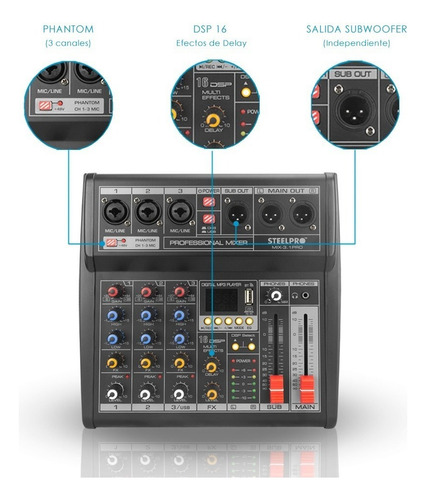Mezcladora Steelpro Mix-3.1pro Usb Interface, 3ch+subwoofer