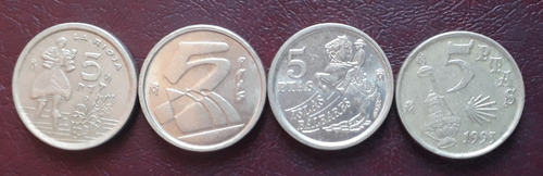 España Cuatro Monedas De Cinco Pesetas Diferente Año.