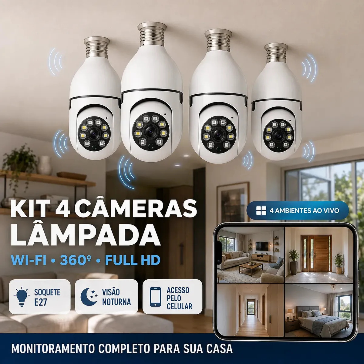 Kit com 4 Câmeras de Segurança Lâmpada Wi-Fi Full HD para Monitoramento 360°