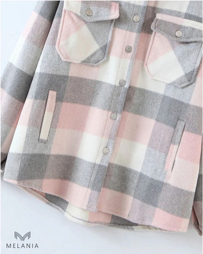 Imagen 4 de 5 de Sobrecamisa Abrigo Tartan Mujer Moda Tendencia Chaqueta Ropa