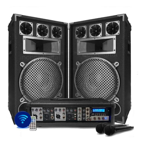 Combo Consola Potenciada 4 Canales Bluetooth Usb Control Remoto 150w Rms+ 2bafles 150w + 2 Mic