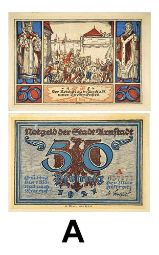 Set 4 Billete Notgeld Aleman 50 Pfennig Arnstadt 1921 