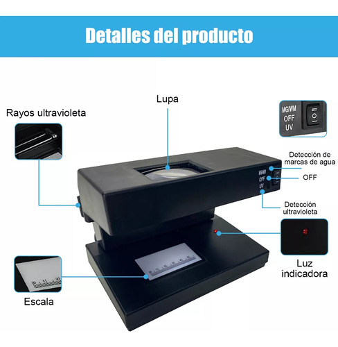 Detector De Billetes Falsos Con Lupa Y Regla 3x Led Y Uv